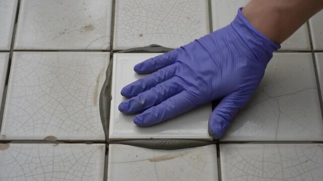 Gloved Hand Pressing A White Ceramic Tile Into Wet Mortar During Installation