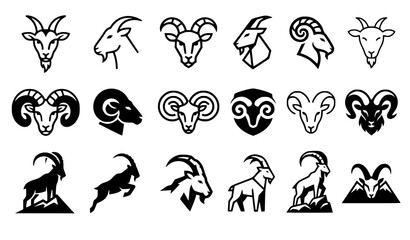Fototapeta premium Stylized Goat Head with Curved Horns Vector Icon Set Horned Ram & Mountain Goat Silhouettes