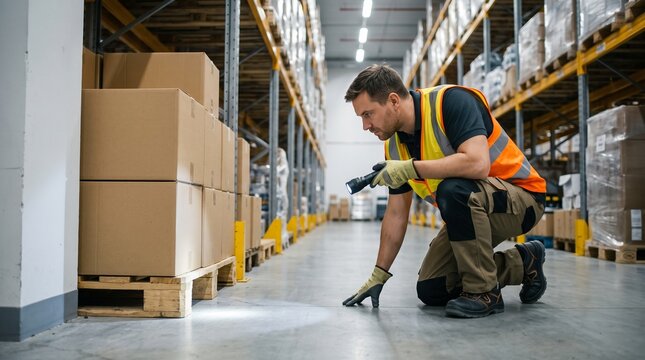 Pest control technician, inspecting warehouse pallets, industrial storage aisle, professional rodent and insect prevention for logistics and facility management operations