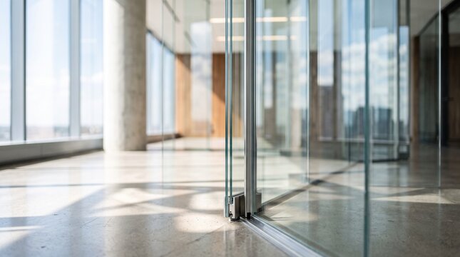 Modern empty corporate office interior with glass walls, polished concrete floor, concrete pillar, and large windows with bright natural daylight