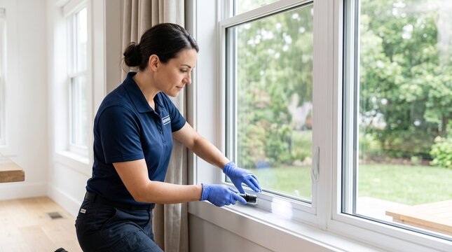 Pest control technician, checking window screen, home insect entry prevention, professional seasonal pest proofing inspection for clean residential property care