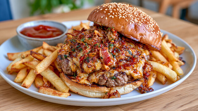 Gourmet bacon cheeseburger with a toasted brioche bun, double beef patties, melted cheese and crispy bacon served with golden French fries, small ramekin of barbecue sauce on a wooden restaurant tab