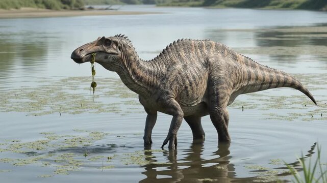 Deinocheirus Dinosaur Foraging For Aquatic Plants In A Shallow River