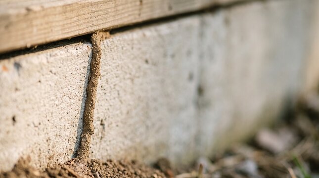 Termite mud tube, on foundation edge, realistic structural pest evidence, close inspection concept for home maintenance, pest control and property protection