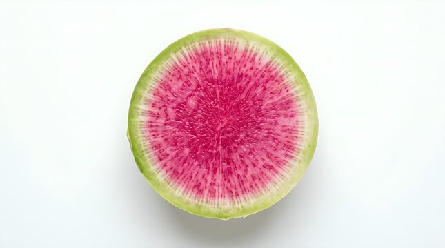 Watermelon radish cross section, vibrant pink organic root vegetable slice, fresh raw daikon radish for culinary cooking and healthy eating isolated on White Background
