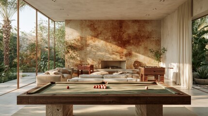 Naklejka premium Pool table in a modern luxury recreation room with a cozy fireplace and large windows for residential lifestyle and interior design