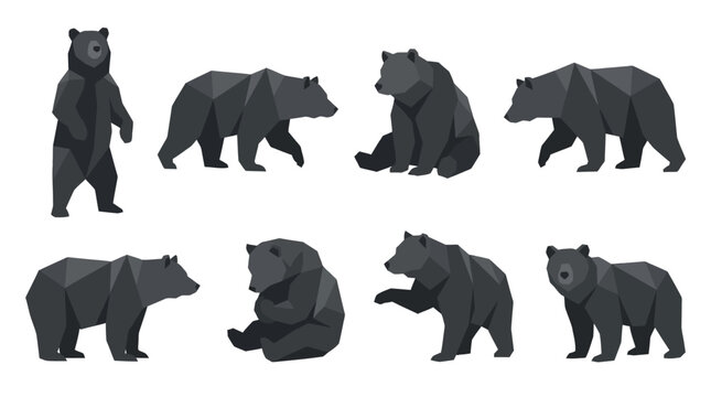 Set of geometric low poly black bear silhouettes in various poses isolated on white background.
