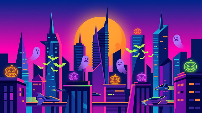 Futuristic city at night with Halloween pumpkins ghosts and bats on cyberpunk buildings
