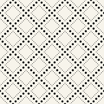 Vector seamless pattern featuring a modern geometric texture. Repeating tiles and dotted squares or diamonds. Small circles form a regular basic ornament, creating a clean, minimalistic aesthetic.