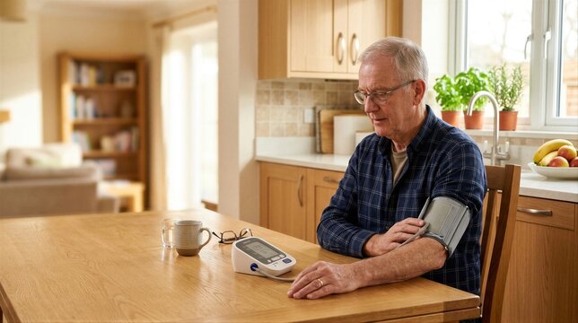 Senior man measuring blood pressure with digital monitor at home. Elderly man checking hypertension with arm cuff. Health care, cardio control and self examination concept