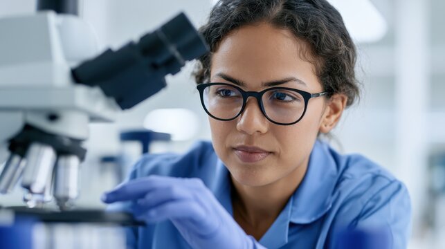 Young female researcher in scrubs wearing gloves and safety glasses working with microscope and samples for biomedical testing and research, close up for design, poster, presentation background