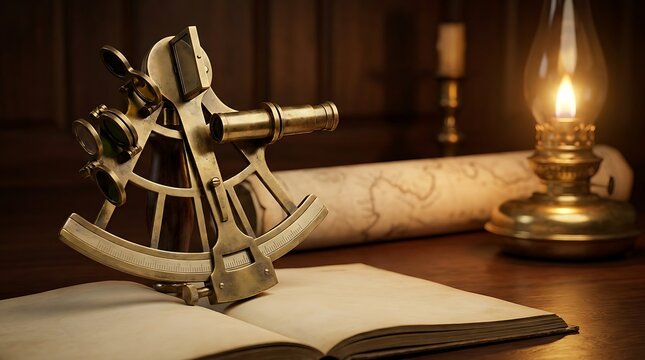 Antique brass sextant on open book with map and oil lamp in vintage study symbolizing navigation exploration and history.