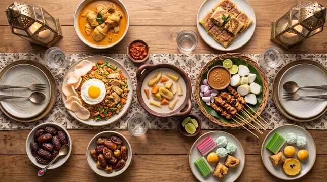 Ramadan Iftar dinner table with traditional Indonesian food and festive lanterns overhead
