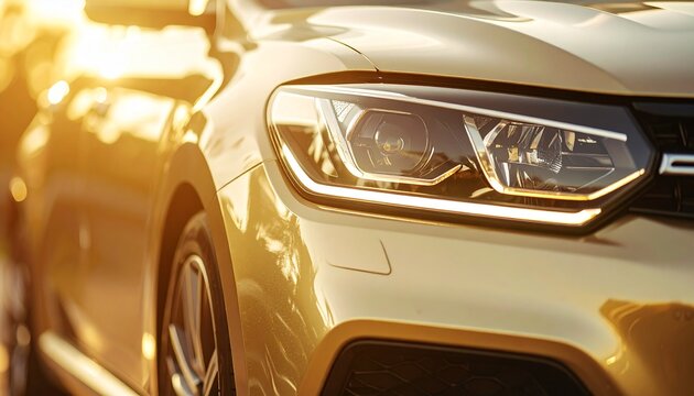 Close Up of Modern Silver Electric Car LED Headlight Detail