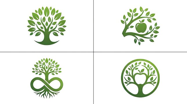 Collection of four green tree logo designs.