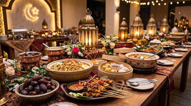 Ramadan Iftar buffet dinner table with traditional food and glowing lanterns at night