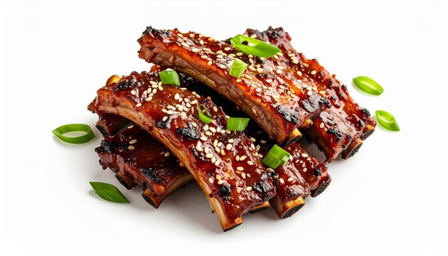 sticky glazed barbecue pork ribs with sesame seeds on white