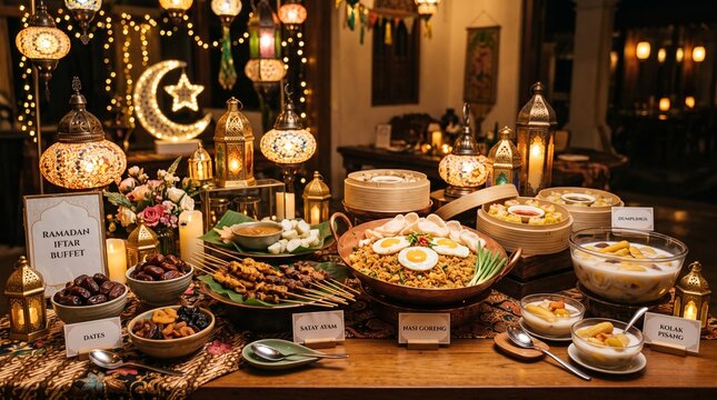 Ramadan Iftar buffet spread with traditional Middle Eastern food and festive lanterns