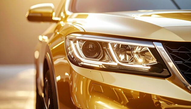 Elegant gold luxury automobile front headlight and mirror close-up