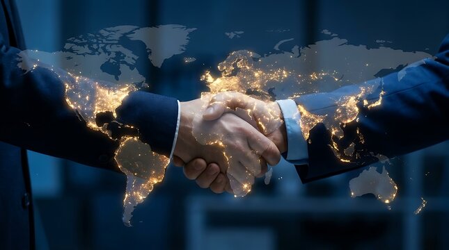 Business handshake with glowing world map overlay representing global corporate partnership international trade agreement network connectivity economic deal venture.