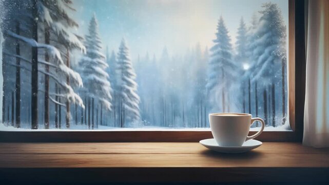 Hot Coffee by Snowy Window with Pine Forest, Dreamy Winter Digital Art Loop