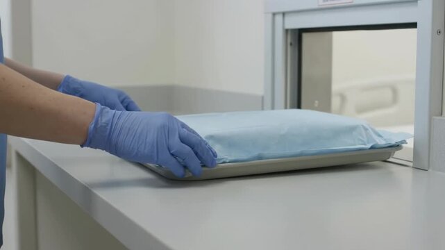 Medical Worker Sliding Wrapped Sterile Tray into Pass-Through Window