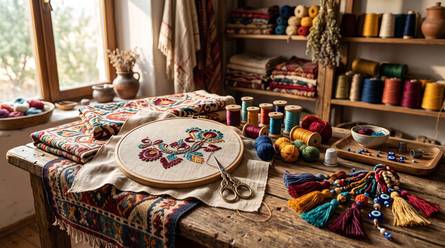 traditional turkish textile and embroidery workshop with colorful threads and tapestries on wooden table