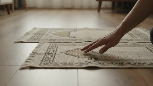 Close Up Of Hand Smoothing And Aligning Islamic Prayer Mats On A Wooden Floor