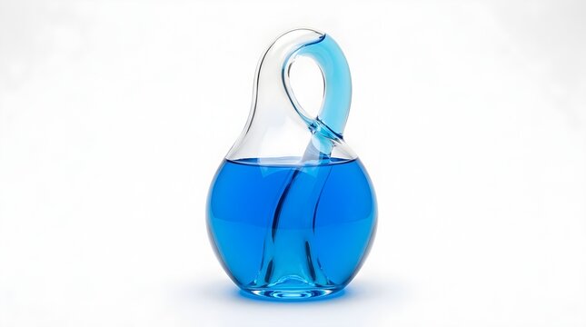 Glass Klein bottle filled with blue liquid, a non-orientable mathematical surface object.