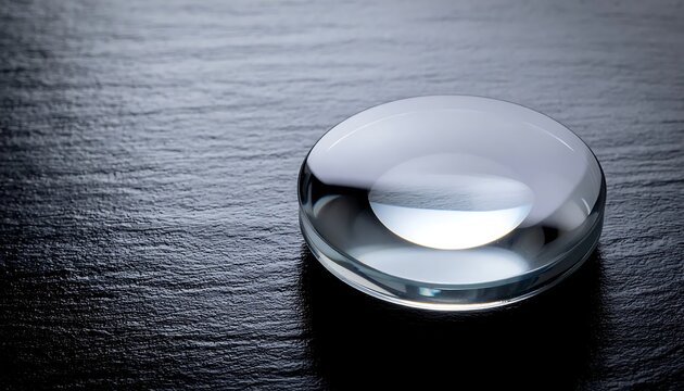 Transparent glass lens on dark reflective surface