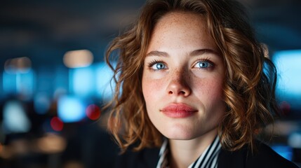 Obraz premium A captivating portrait of a young woman with freckles and curly hair, gazing directly at the camera with a confident smile, set against a blurred office background. Vibrant and engaging.