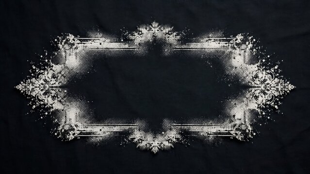 Ornate, textured frame with glowing edges on dark fabric, resembling frost or dust