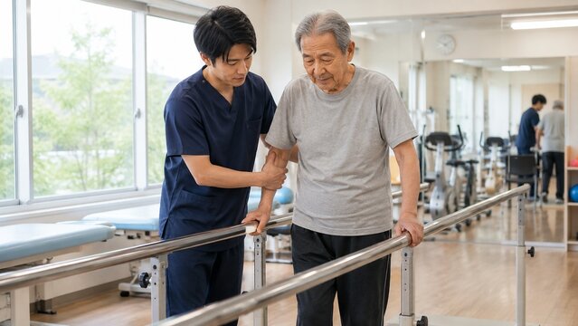 リハビリテーション室で理学療法士が高齢の男性患者の歩行訓練を平行棒を使ってサポートする様子