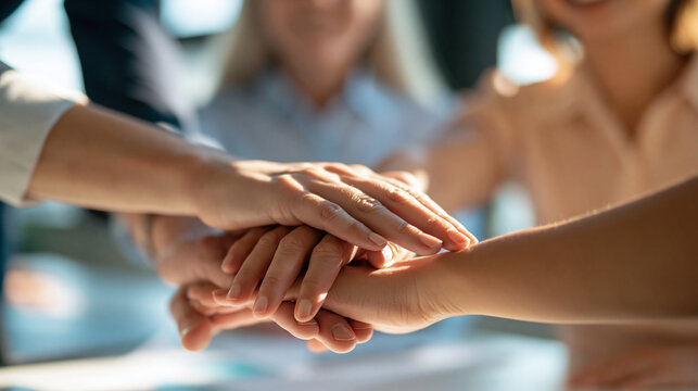 close up of diverse hands stacked together in a team huddle on a bright office desk, unity, collaboration, support, modern office environment, employee engagement, teamwork, human