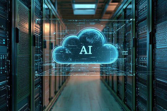 Cloud shaped AI interface floating in a server corridor with glowing neon lights and polished floors, for cloud computing and data infrastructure