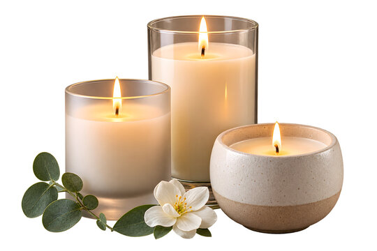 Ultra Realistic Elegant Scented Candle Collection in Neutral Glass Containers Isolated on Transparent Background Cozy Home Decor PNG