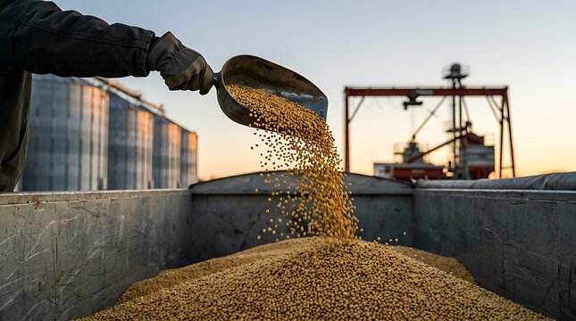 Worker holding metal scoop pouring raw yellow soybeans into grain truck trailer container beside industrial agricultural silos under soft evening sunset light.