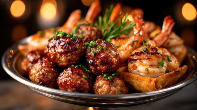 A tantalizing presentation of sizzling meatballs and grilled shrimp garnished with herbs, showcasing a delightful culinary experience perfect for gatherings and celebrations.