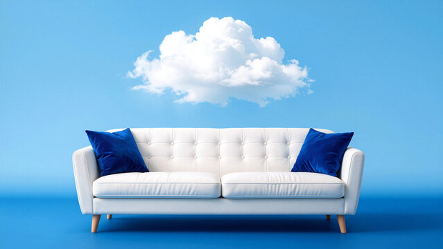 White tufted sofa with blue pillows against a bright blue sky with a cloud
