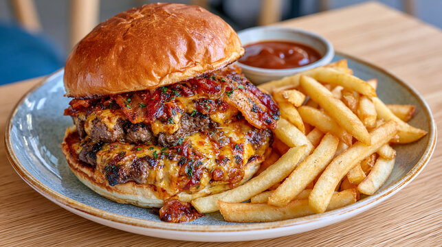 Gourmet bacon cheeseburger with a toasted brioche bun, double beef patties, melted cheese and crispy bacon served with golden French fries, small ramekin of barbecue sauce on a wooden restaurant tab