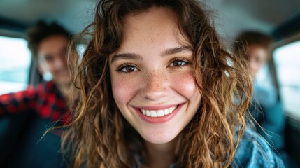 Fototapeta premium A cheerful young woman with curly hair and freckles smiling brightly while sitting in a vehicle, exuding joy and spontaneity, capturing a moment of happiness and freedom.