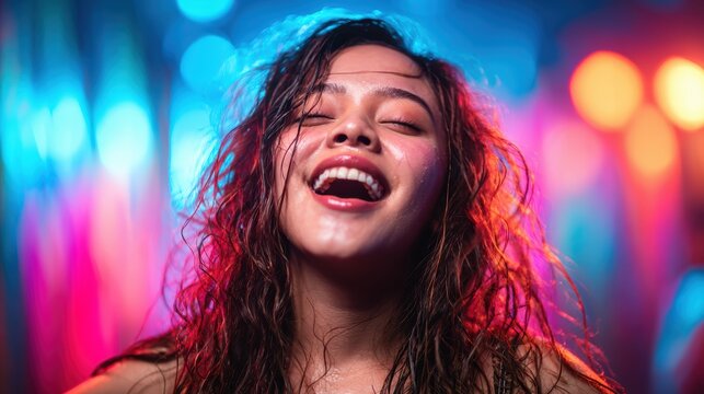 A vibrant scene of a joyful woman dancing and celebrating under colorful lights, radiating energy and excitement, perfect for depicting the thrill of nightlife and fun.