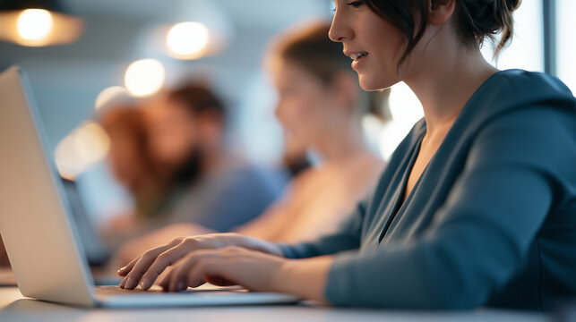 over the shoulder view of a woman helping a young adult learn on a laptop in a bright supervised classroom, cropped composition, rehabilitation education program concept,