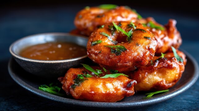 The image showcases a plate of golden-brown Indian fritters garnished with herbs, accompanied by a small bowl of tangy dipping sauce, tantalizing the viewer's taste buds.