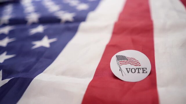 Vote election sticker on American flag background, concept of US presidential voting day