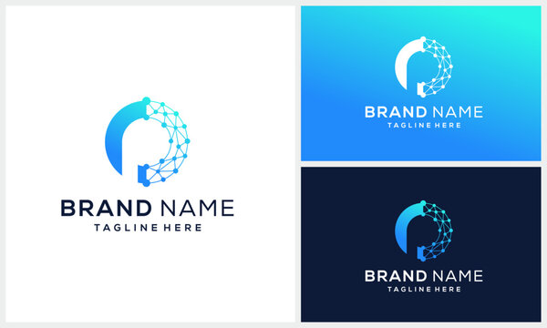 Initial letter P with circle round and network dot digital data for internet technology logo design
