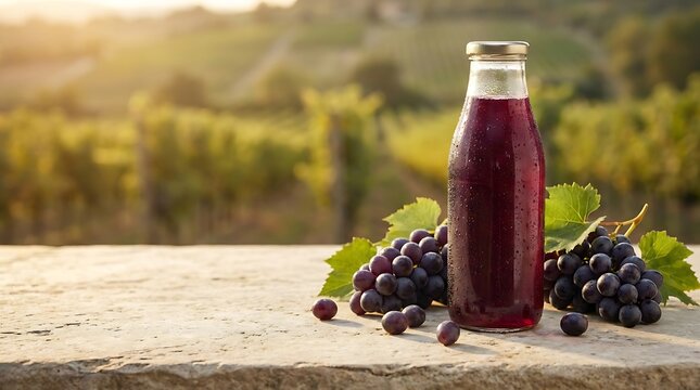 Refreshing grape juice in bottle and fresh red grapes on stone table, sunlit vineyard background, symbolizing pure natural harvest