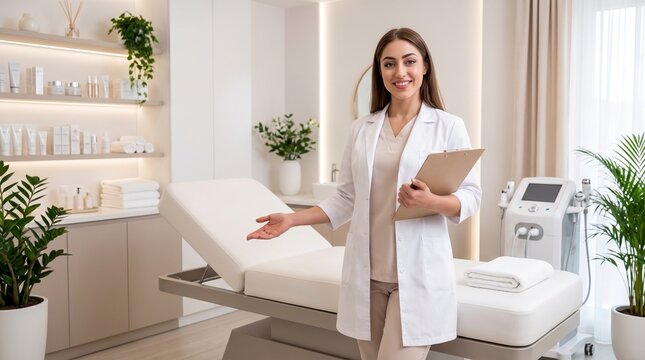 Professional esthetician explaining skincare treatment in modern clinic