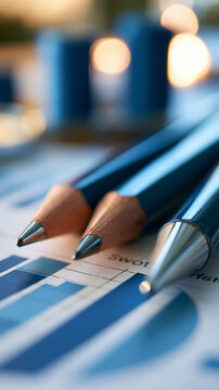 close up of blue pencils resting on a swot analysis chart on a bright surface, macro detail shot, strategic planning concept, business strategy, corporate analysis, bright flat