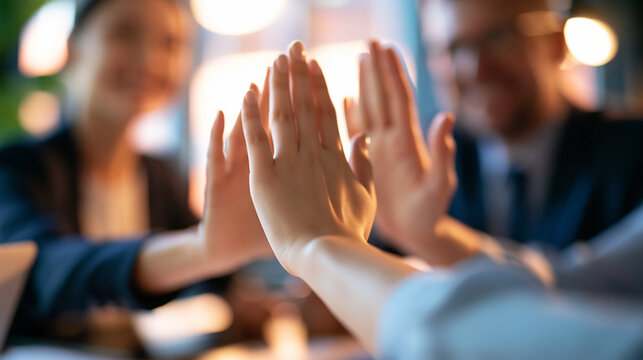 cropped view of a diverse business team giving a high five over a bright office desk, hands in motion blur, success celebration, workplace collaboration, employee engagement,